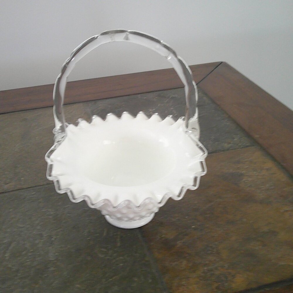 Vintage Fenton Silver Crest White Milk Glass Basket-Crimped-Bamboo Like Handle-t